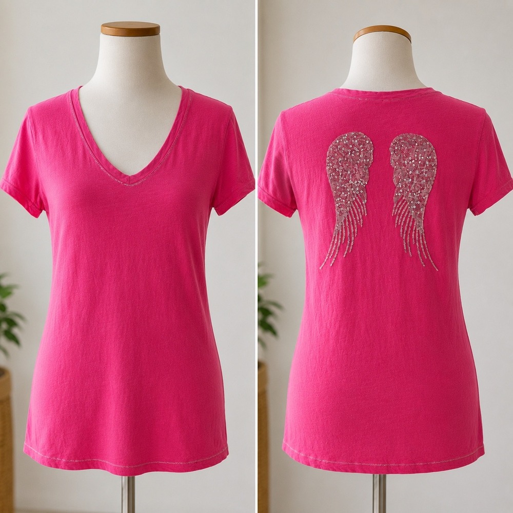 La Provenza Angel Wing Sequin T-Shirt Womens M Pink Y2K McBling Made in Italy